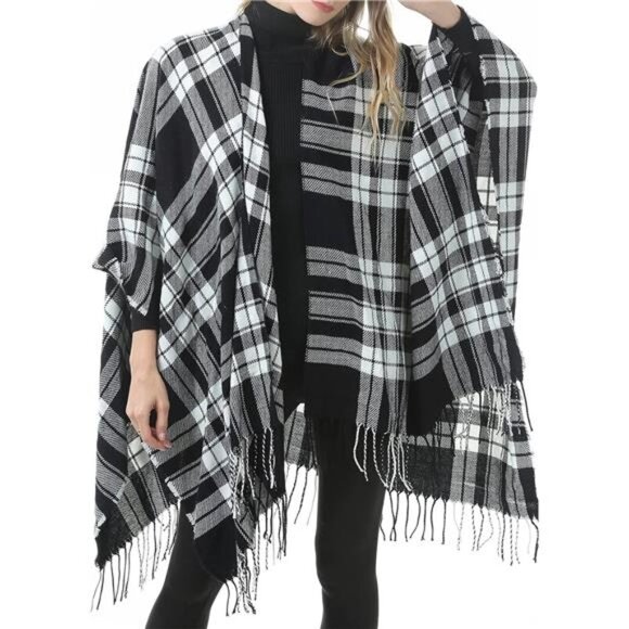Black Plaid Printed Blanket Shawls Poncho Winter Open Front Wrap Cape Cardigan - Picture 3 of 6